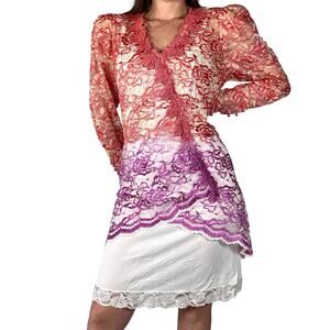 Vintage 1980s Hand Dyed Lace Dress Topper Tunic Orange Purple Ombre Boho